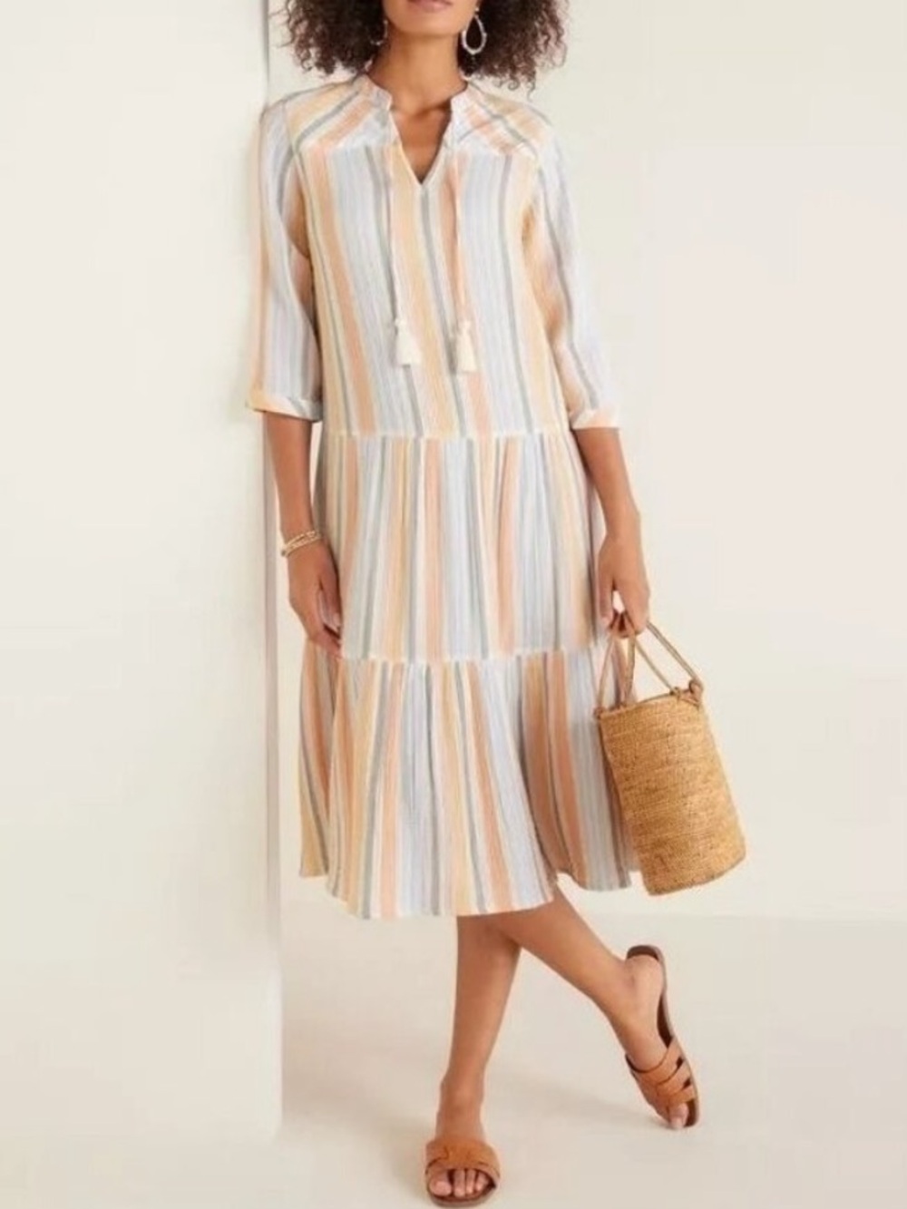 Soft Surroundings Pastel Multi-Stripe V-Neck Tiered Midi Dress. Large. NWOT.